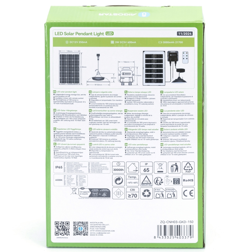 Aigostar - LED Napelemes csillár LED/35W/12V 3000 mAh 6500K átm. 15 cm + távirányítás