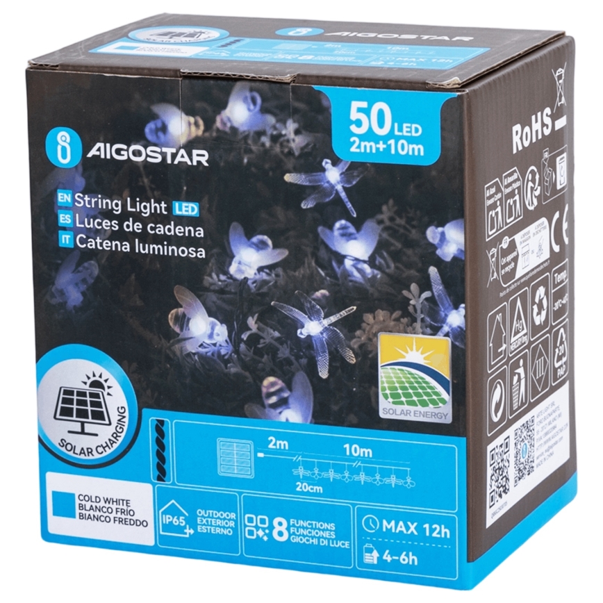 Aigostar - LED napelemes dekorációs fényfüzér, 50 LED / 8 fénymód, 10 m, 800 mAh, IP65, hideg fehér