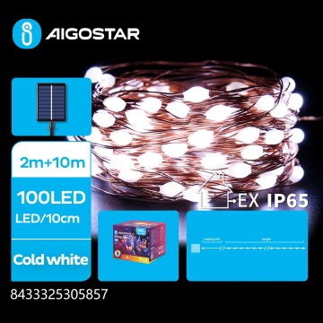 Aigostar - LED napelemes fényfüzér 100 LED / 8 üzemmód 12 m IP65 800 mAh hideg fehér