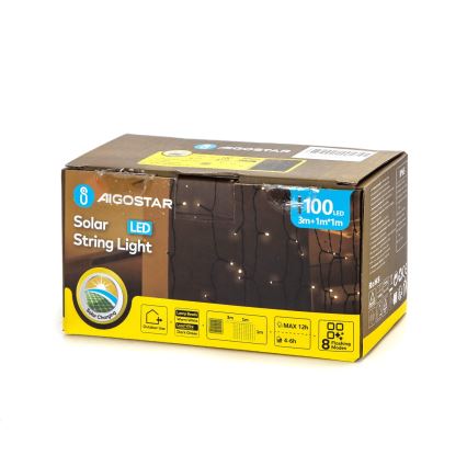 Aigostar - LED napelemes  fényfüzér 100xLED/8 funkció 4x1m IP65 meleg fehér 800 mAh