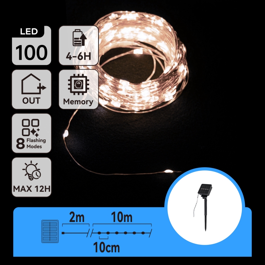 Aigostar - LED napelemes fényfüzér 100 LED / 8 üzemmód 12 m IP65 800 mAh hideg fehér