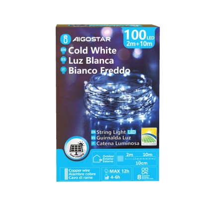 Aigostar - LED napelemes fényfüzér 100 LED / 8 üzemmód 12 m IP65 800 mAh hideg fehér
