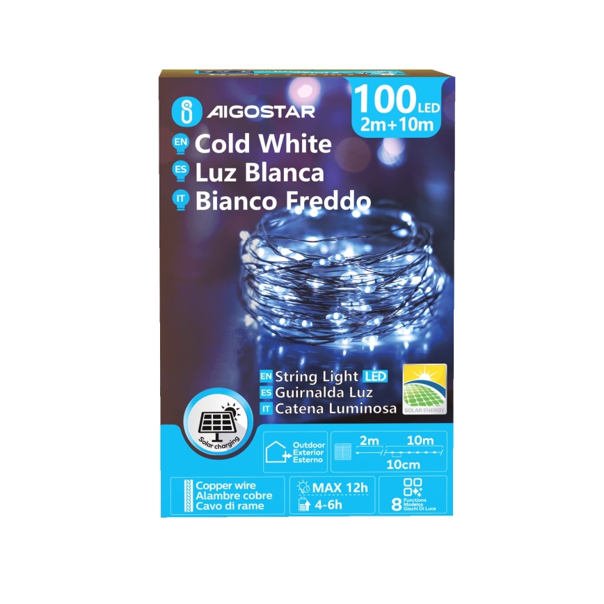 Aigostar - LED napelemes fényfüzér 100 LED / 8 üzemmód 12 m IP65 800 mAh hideg fehér