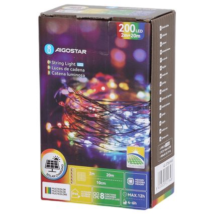 Aigostar - LED napelemes fényfüzér, 200 LED, 8 világítási mód, 22 m, IP65, többszínű, 800 mAh