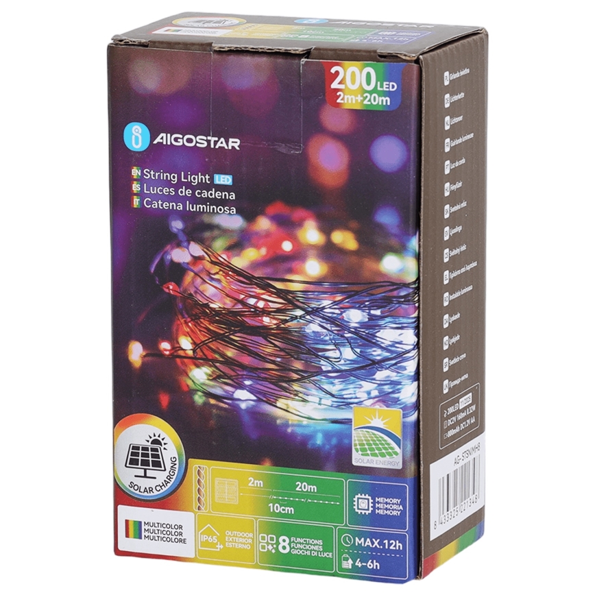 Aigostar - LED napelemes fényfüzér, 200 LED, 8 világítási mód, 22 m, IP65, többszínű, 800 mAh