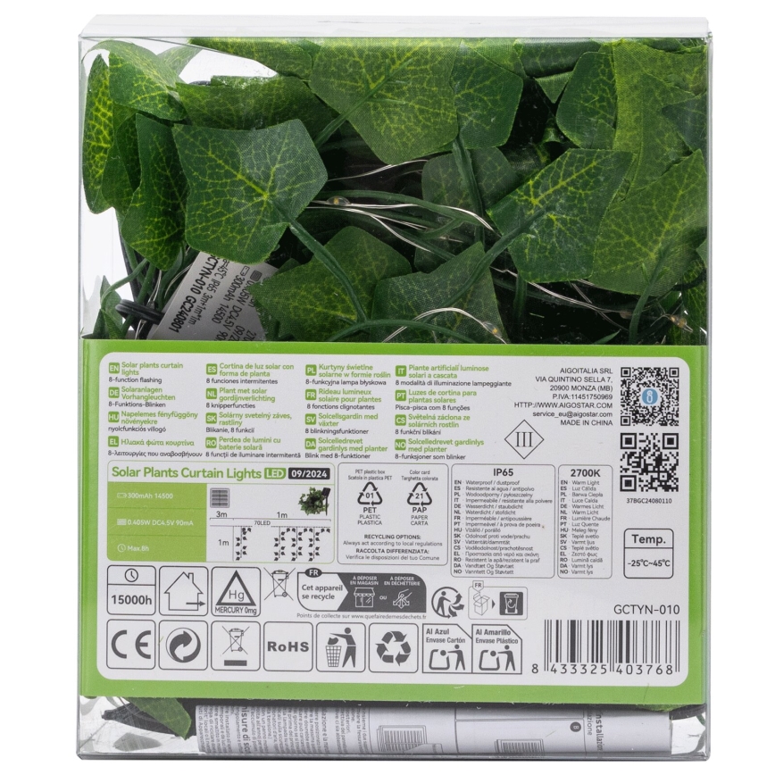 Aigostar - LED Napelemes fényfüzér 70xLED/4x1m IP65 300 mAh meleg fehér borostyán