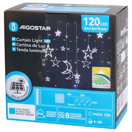 Aigostar - LED napelemes karácsonyi fényfüzér 120×LED/8 üzemmód 3×0,6 m 500 mAh IP65 hideg fehér