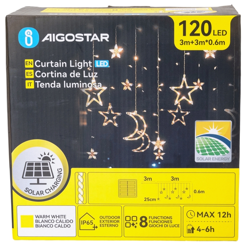 Aigostar - Napelemes LED karácsonyi fényfüzér, 120 db LED, 8 funkció, 3 x 0,6 m, 500 mAh, IP65, meleg fehér