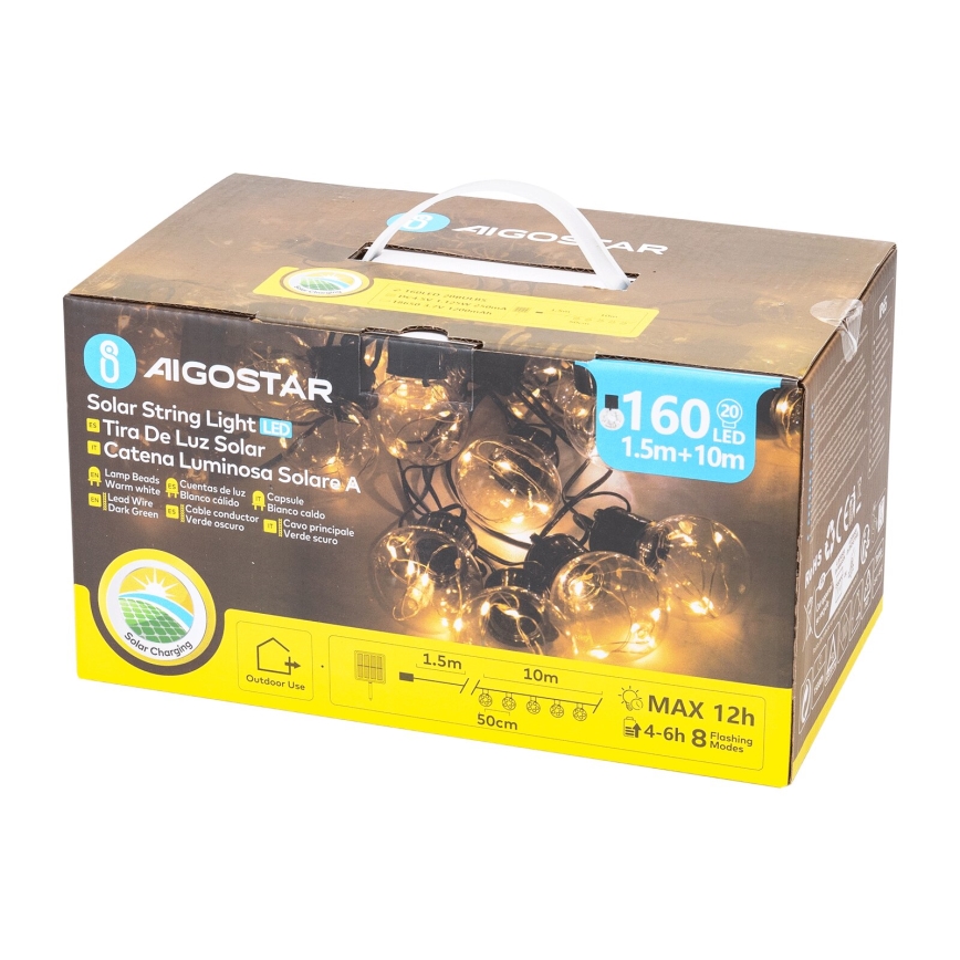 Aigostar - LED napelemes karácsonyi fényfüzér 20xLED/8 funkció 11,5 m IP65 1200 mAh meleg fehér