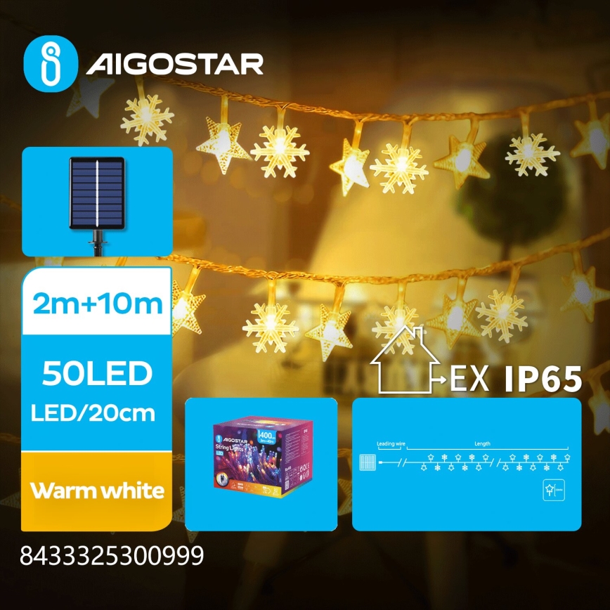 Aigostar - LED Napelemes karácsonyi lánc 50xLED/8 funkció 12m 800mAh IP65 meleg fehér