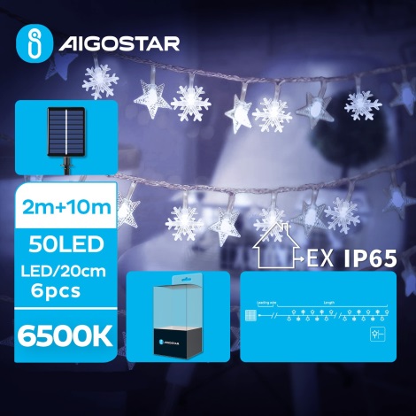 Aigostar - LED Napelemes Karácsonyi lánc 50xLED/8 funkció 12m IP65 hideg fehér