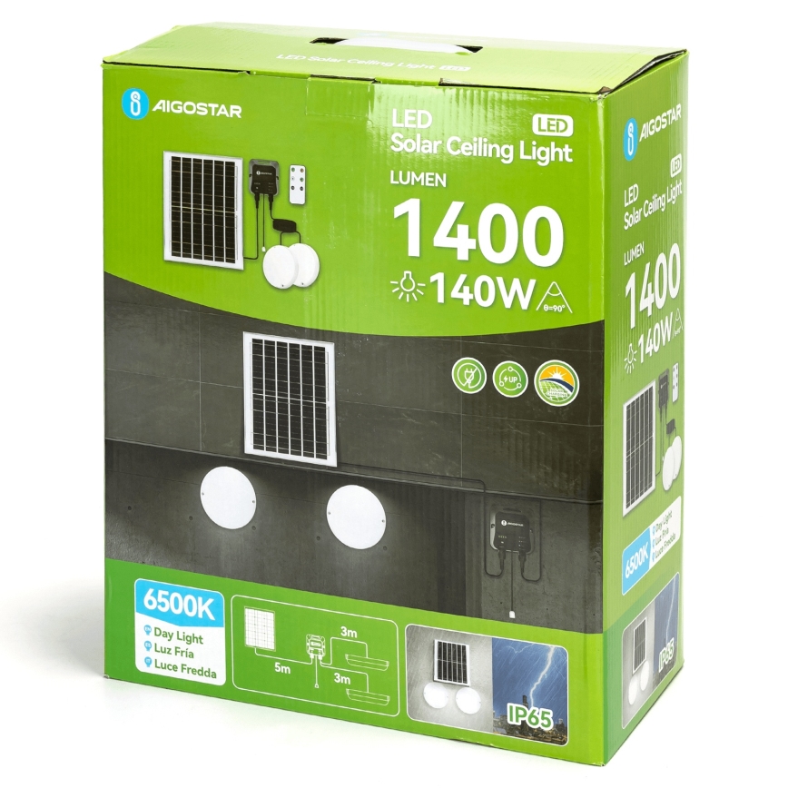 Aigostar - LED Napelemes lámpa 2xLED/70W/12V 12000 mAh 6500K átm. 20,5 cm + távirányítás