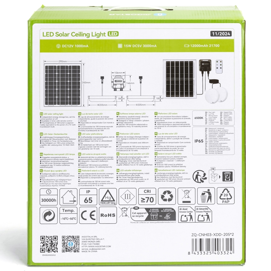 Aigostar - LED Napelemes lámpa 2xLED/70W/12V 12000 mAh 6500K átm. 20,5 cm + távirányítás