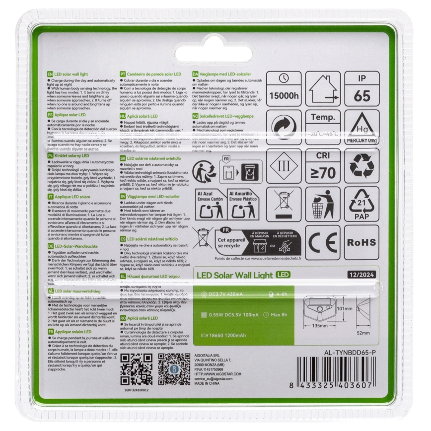 Aigostar - LED napelemes lámpa érzékelővel LED/3,7V 6500K 500 mAh IP65 fekete