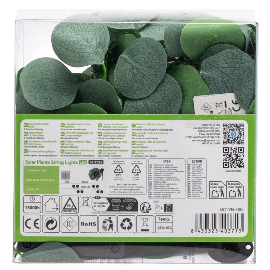 Aigostar - LED Napelemes fényfüzér 100xLED/12m IP65 300 mAh meleg fehér eukaliptusz