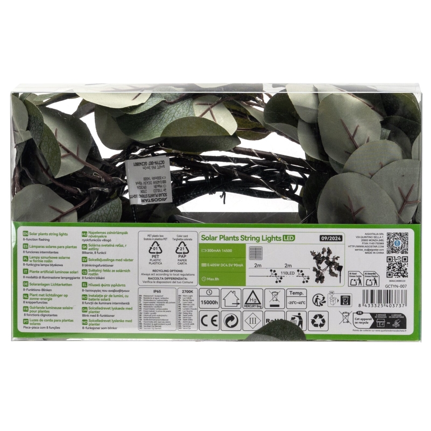 Aigostar - LED Napelemes fényfüzér 110xLED/4m IP65 300 mAh meleg fehér eukaliptusz