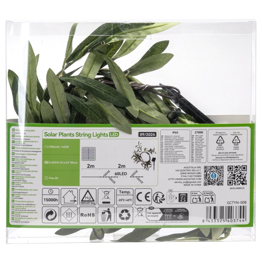 Aigostar - LED Napelemes fényfüzér 60xLED/4m IP65 300 mAh meleg fehér oliva
