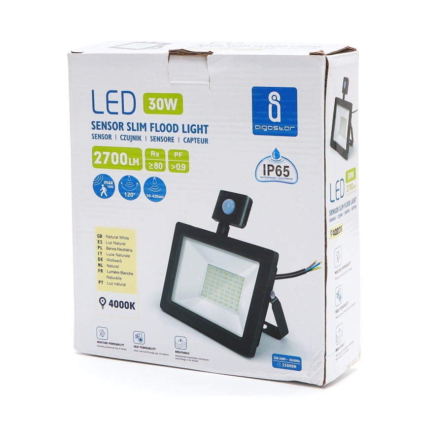 Aigostar - LED Reflektor érzékelővel LED/30W/230V 4000K IP65 fekete