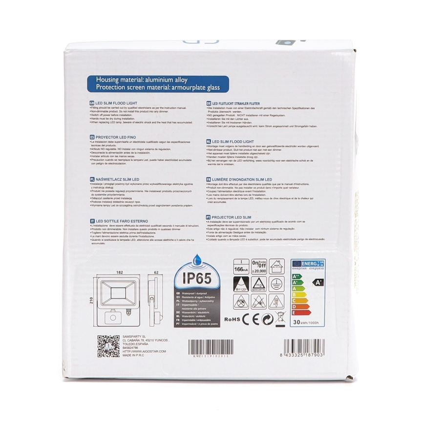 Aigostar - LED Reflektor érzékelővel LED/30W/230V 4000K IP65 fekete