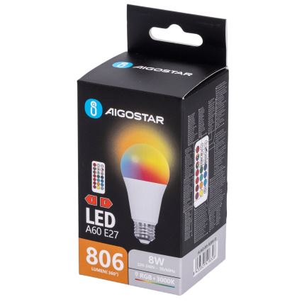 Aigostar - LED RGBW dimmelhető A60 izzó E27/8W/230V 3000K + távirányító