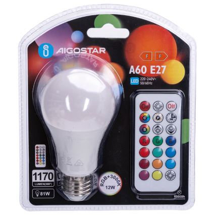 Aigostar - LED RGBW fényerőszabályozható izzó E27/12W/230V 3000K + távirányító