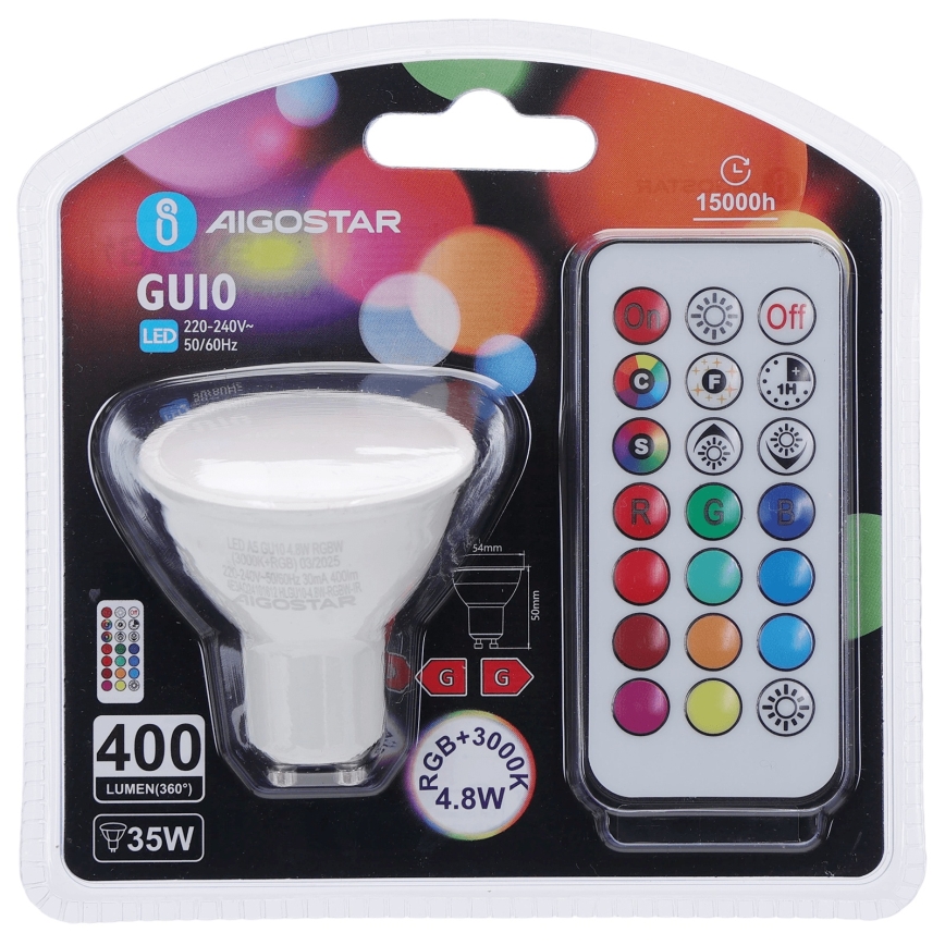 Aigostar - LED RGBW dimmelhető GU10 izzó, 4,8 W, 230 V, 3000 K + távirányító