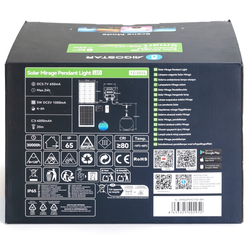 Aigostar - LED RGBW fényerőszabályozható napelemes csillár MESH LED/20W/3,7V 4000 mAh 2700K-6500K IP65 átm. 15 cm