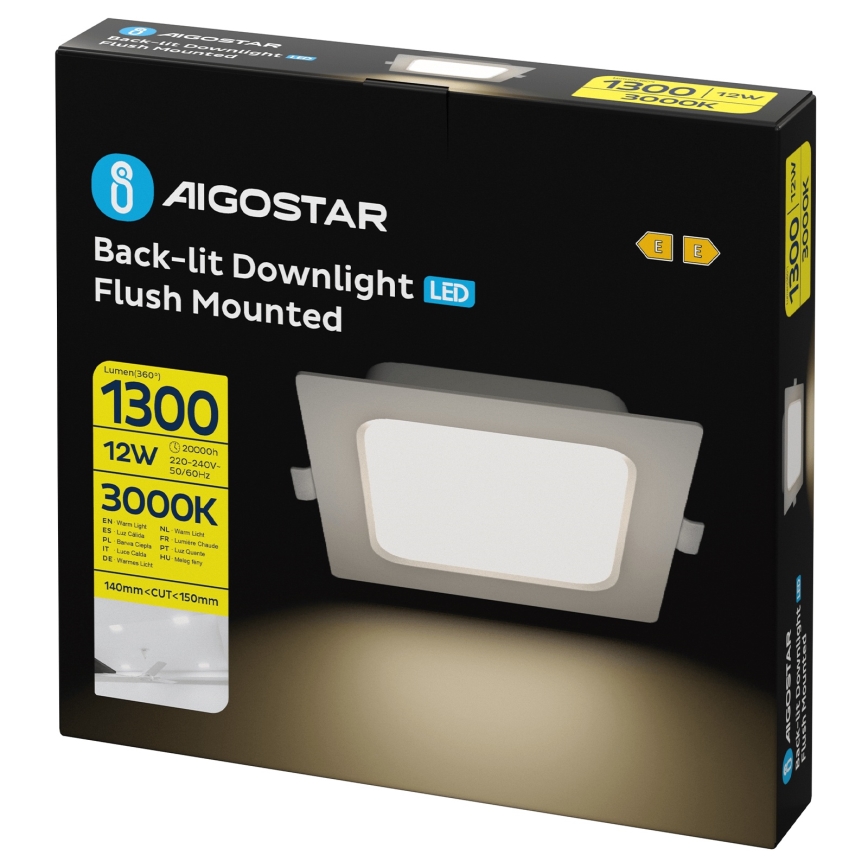 Aigostar - LED süllyesztett mennyezeti lámpa 12W, 230V, 3000K, 17,5x17,5 cm, fehér