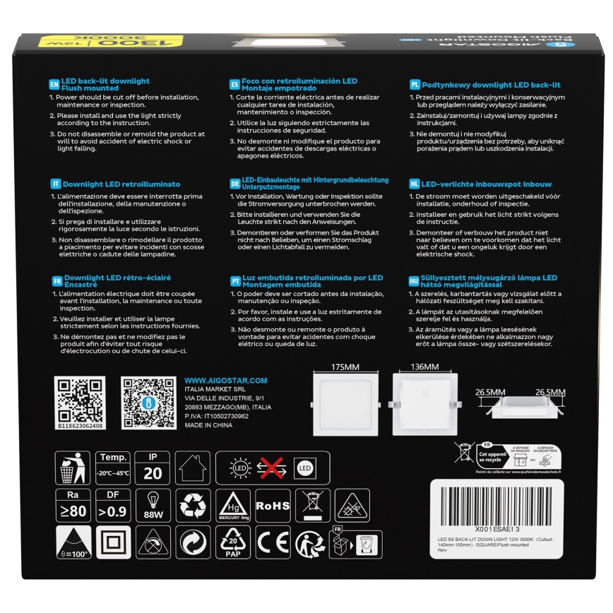 Aigostar - LED süllyesztett mennyezeti lámpa 12W, 230V, 3000K, 17,5x17,5 cm, fehér