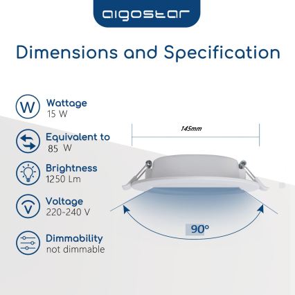 Aigostar - LED süllyesztett fürdőszobai mennyezeti lámpa LED/15W/230V 4000K IP44 átm. 14,5 cm fehér