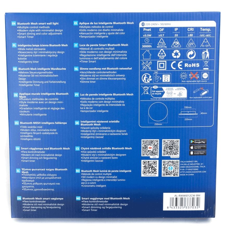 Aigostar - LED Fali Dimmeres Lámpa MESH Smart LED/12W/230V 2700-6500K fekete