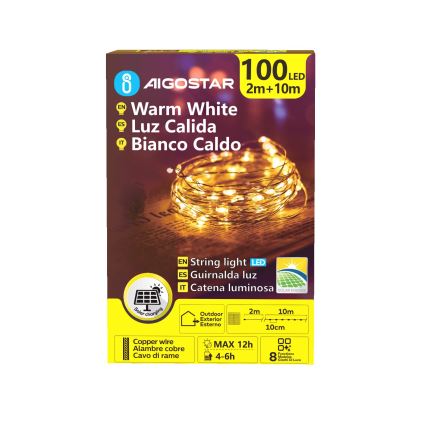 Aigostar - LED napelemes fényfüzér, 100 LED, 8 üzemmód, 12 m, 800 mAh, IP65, meleg fehér