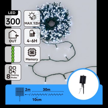 Aigostar - Napelemes LED karácsonyi fényfüzér 300 LED/8 funkció, 32 m, IP65, hideg fehér, 1200 mAh