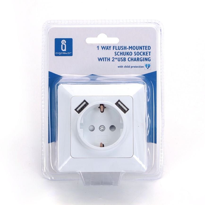 Aigostar - SCHUKO háztartási konnektor 250V + 2x USB, fehér kerettel