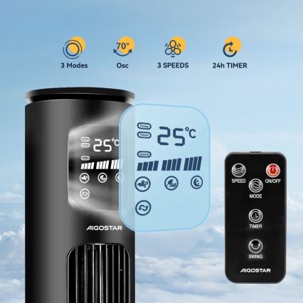 Aigostar - Torony ventilátor 50W/230V fekete Wi-Fi + távirányítás