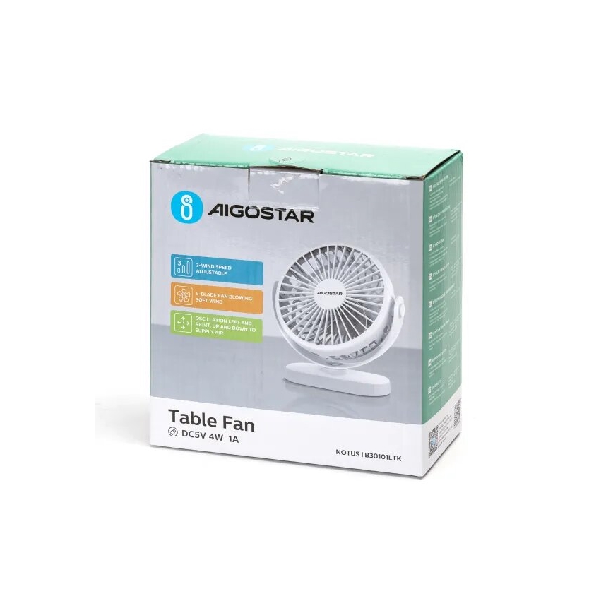 Aigostar - Újratölthető asztali ventilátor 4W/5V 1500mAh fehér