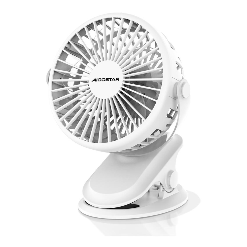 Aigostar - Újratölthető asztali ventilátor klipszel 4W/5V 1500mAh fehér
