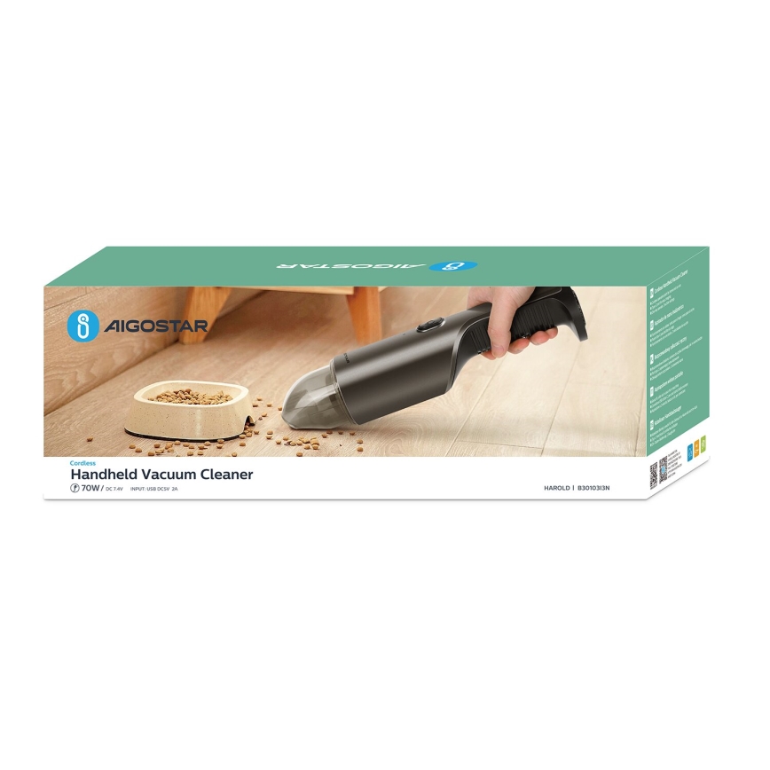 Aigostar - Újratölthető kézi porszívó 70W/7,4V króm