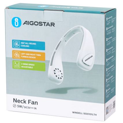 Aigostar - Újratölthető nyaki ventilátor 4W/5V 2000mAh fehér