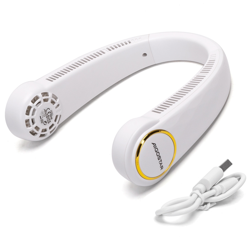Aigostar - Újratölthető nyaki ventilátor 4W/5V 2000mAh fehér
