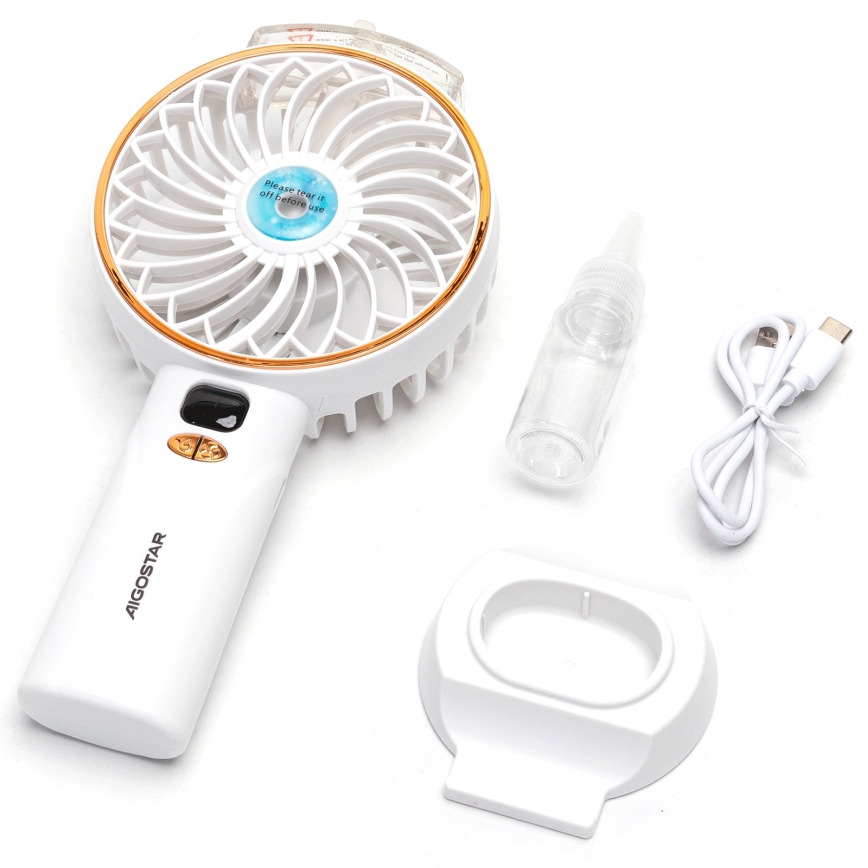 Aigostar - Újratölthető zsebventilátor 5W/5V, 2400 mAh, USB, fehér