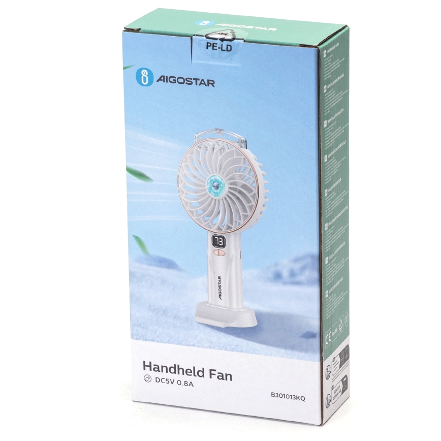 Aigostar - Újratölthető zsebventilátor 5W/5V, 2400 mAh, USB, fehér