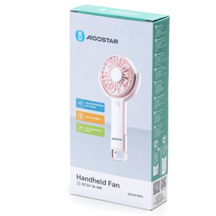 Aigostar - Hordozható tölthető ventilátor 4,5W/3,7V 1200mAh USB rózsaszín