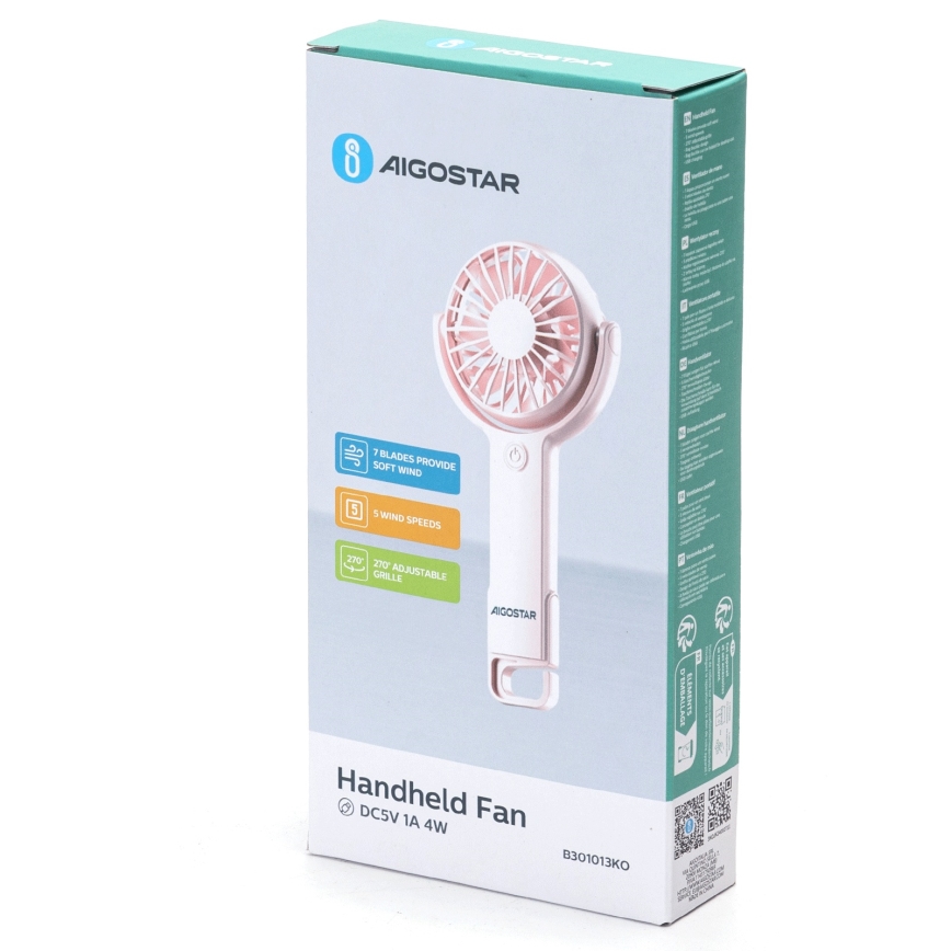 Aigostar - Hordozható tölthető ventilátor 4,5W/3,7V 1200mAh USB rózsaszín