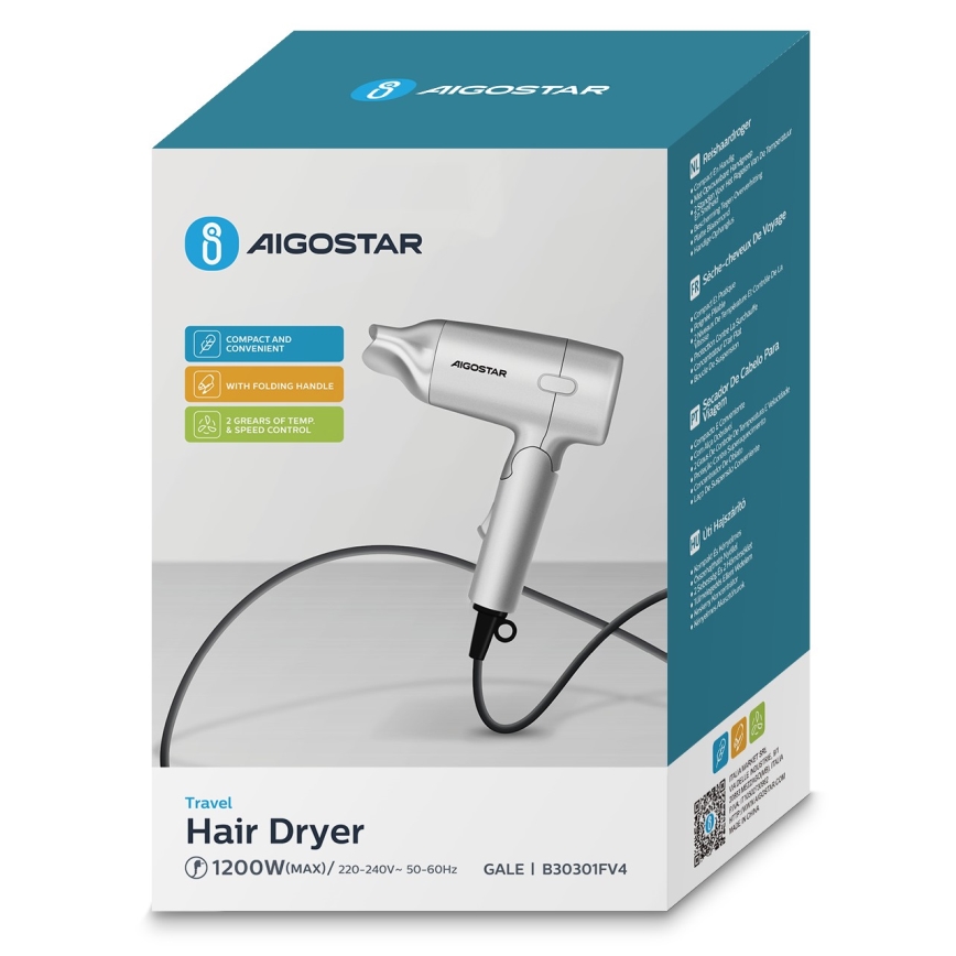 Aigostar - Utazó hajszárító 1200W/230V ezüst