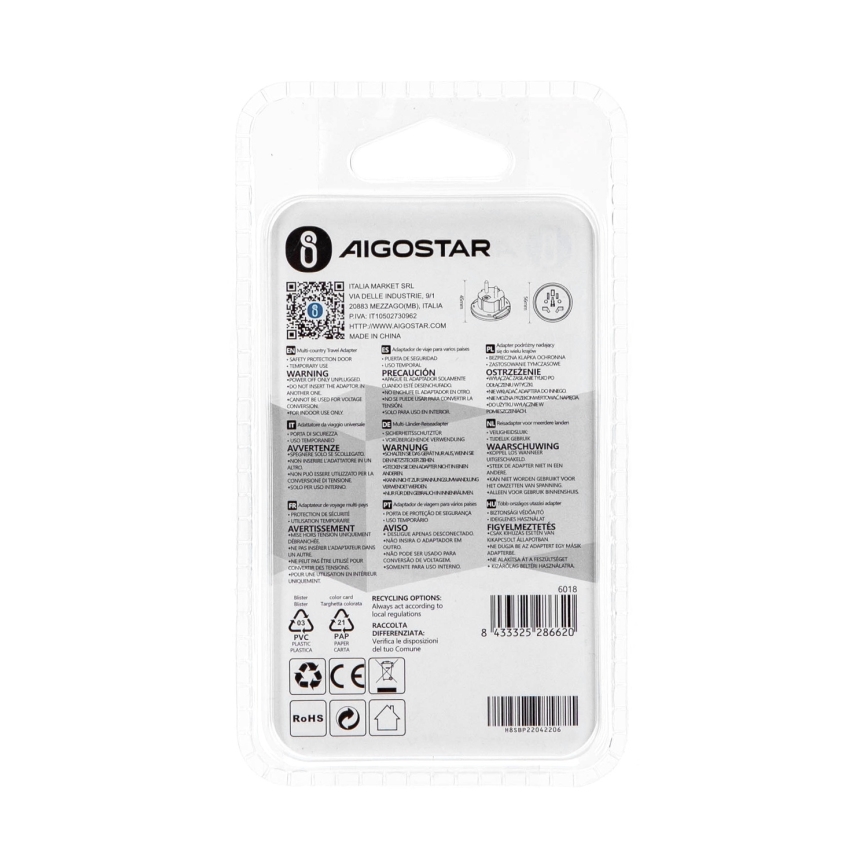 Aigostar - Utazóadapter EU-csatlakozóhoz, fehér