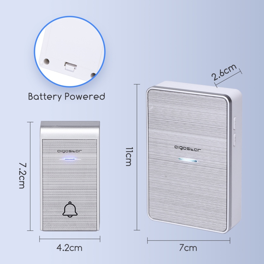Aigostar - Vezeték nélküli csengő 3xAA/12V IP44 ezüst
