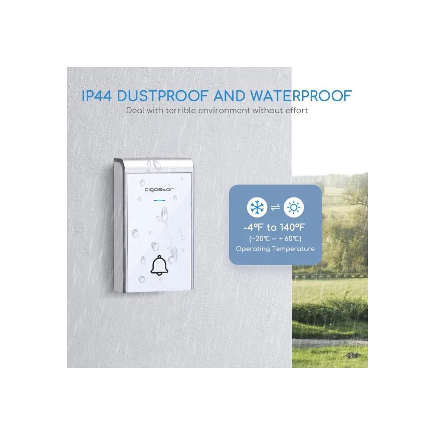 Aigostar - Vezeték nélküli csengő 3xAA/12V IP44 fehér/ezüst