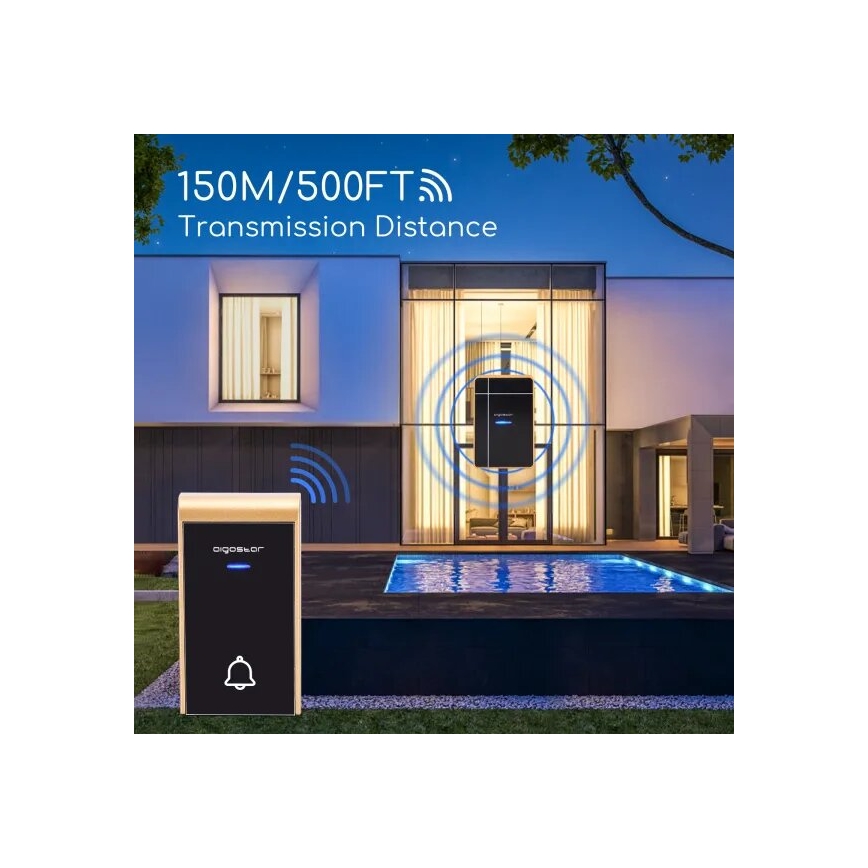 Aigostar - Vezeték nélküli csengő 3xAA/12V IP44 fekete/réz