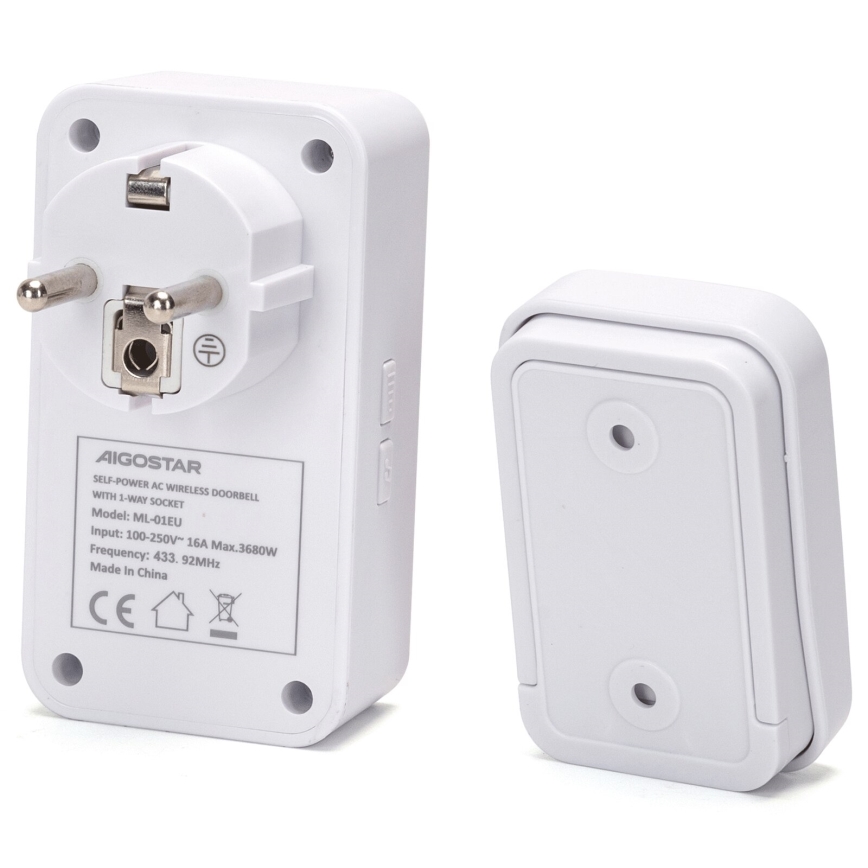 Aigostar - Vezeték nélküli csengő konnektorba 1Z 230V IPX4 fehér